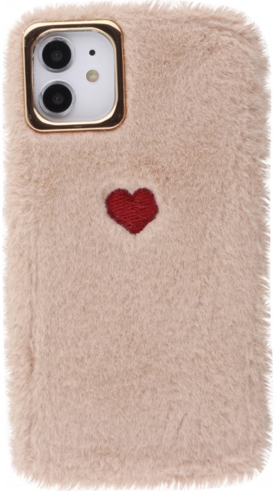 Coque iPhone 11 - fourrure coeur beige