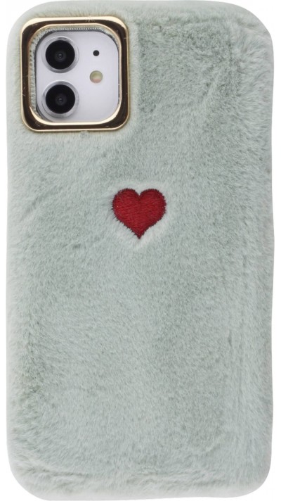 Coque iPhone 11 - fourrure coeur - Gris