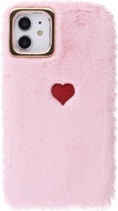 Coque iPhone 11 - fourrure coeur - Rose