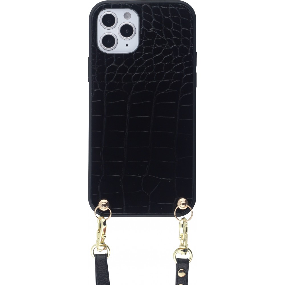 Coque iPhone 11 - Croco avec lanière - Noir