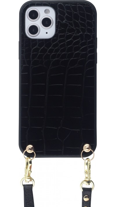 Coque iPhone 11 - Croco avec lanière - Noir