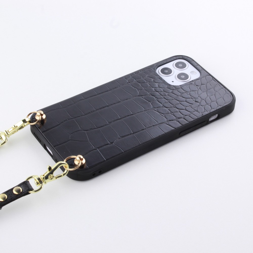 Coque iPhone 11 - Croco avec lanière - Noir