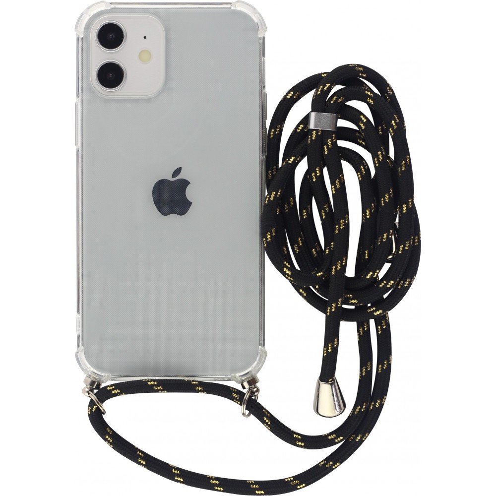 Coque iPhone 12 mini - Gel transparent avec lacet noir - Or