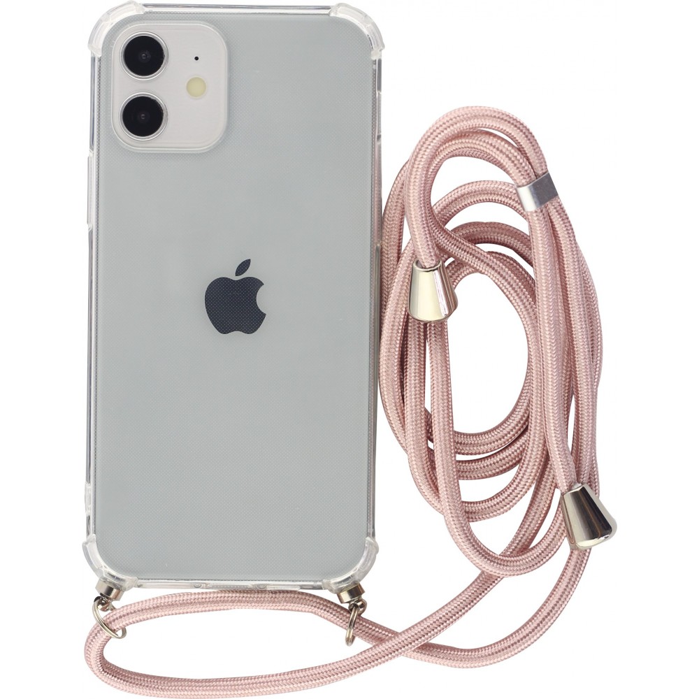 Coque iPhone 12 mini - Gel transparent avec lacet or - Rose