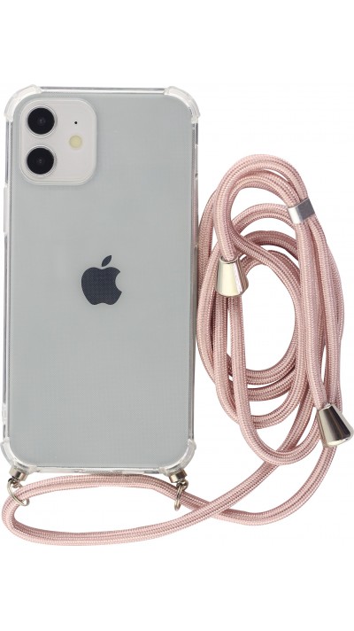 Coque iPhone 12 / 12 Pro - Gel transparent avec lacet or - Rose