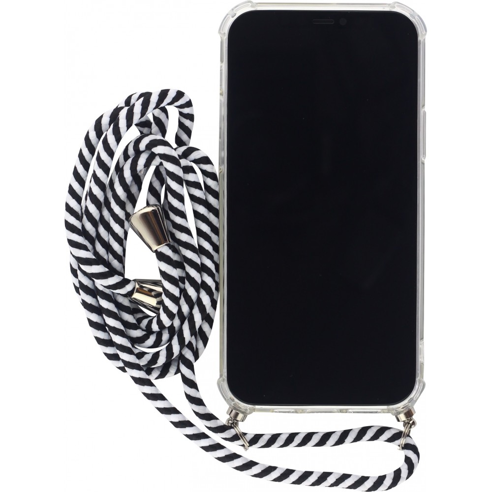 Coque iPhone 12 mini - Gel transparent avec lacet rayé blanc - Noir