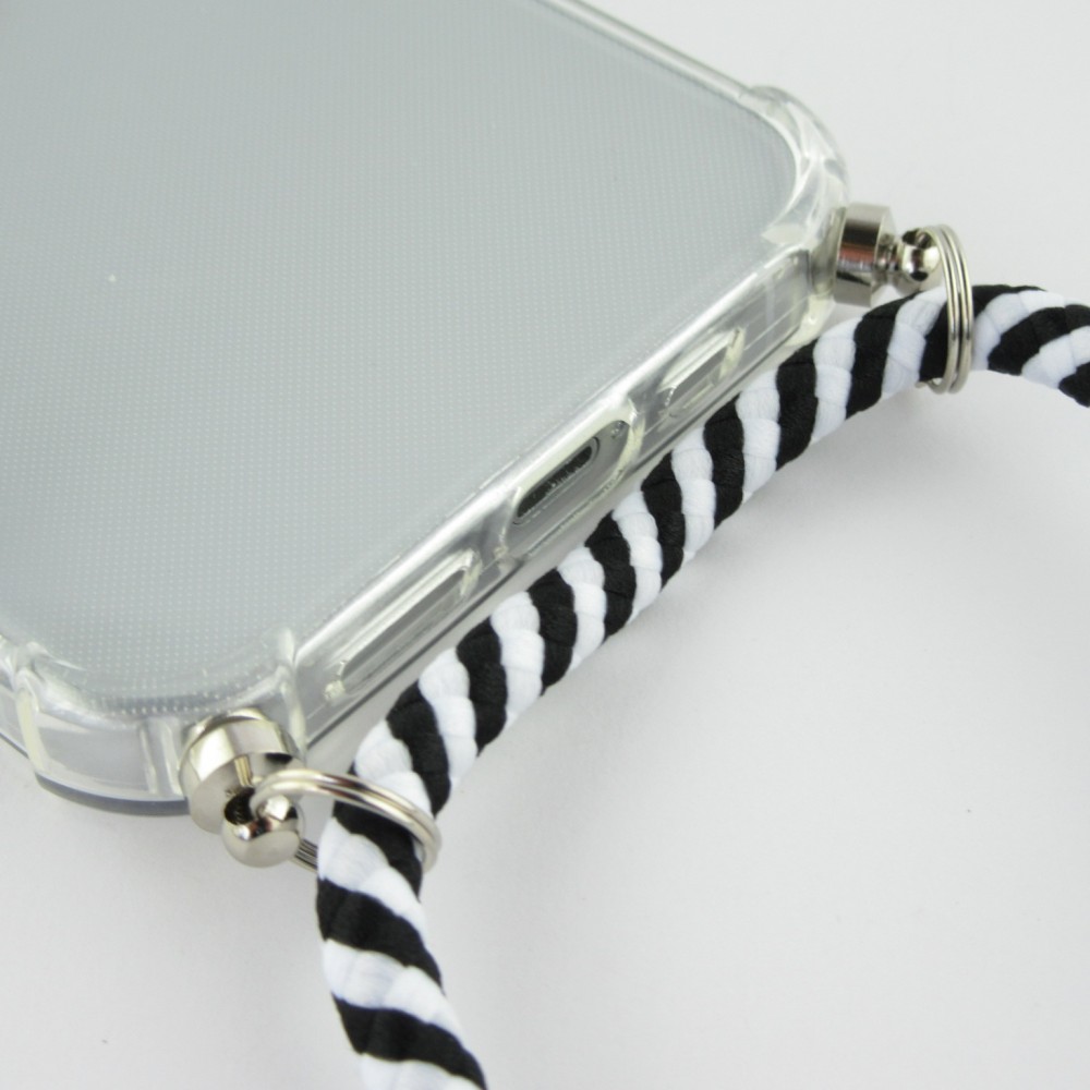 Coque iPhone 12 / 12 Pro - Gel transparent avec lacet rayé blanc - Noir