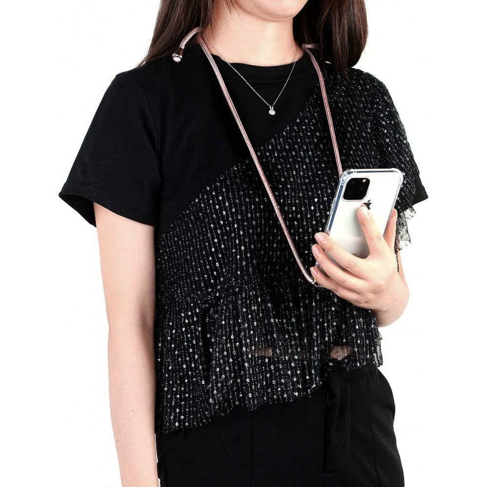 Coque iPhone 12 Pro Max - Gel transparent avec lacet rayé blanc - Noir