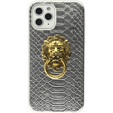Coque iPhone 12 / 12 Pro - Peau de serpent avec tête de lion dorée - Argent