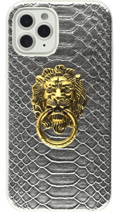 Coque iPhone 12 / 12 Pro - Peau de serpent avec tête de lion dorée - Argent