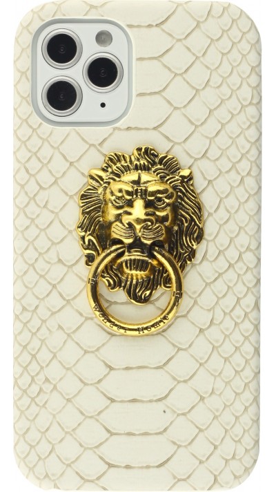 Coque iPhone 12 / 12 Pro - Peau de serpent avec tête de lion dorée - Blanc
