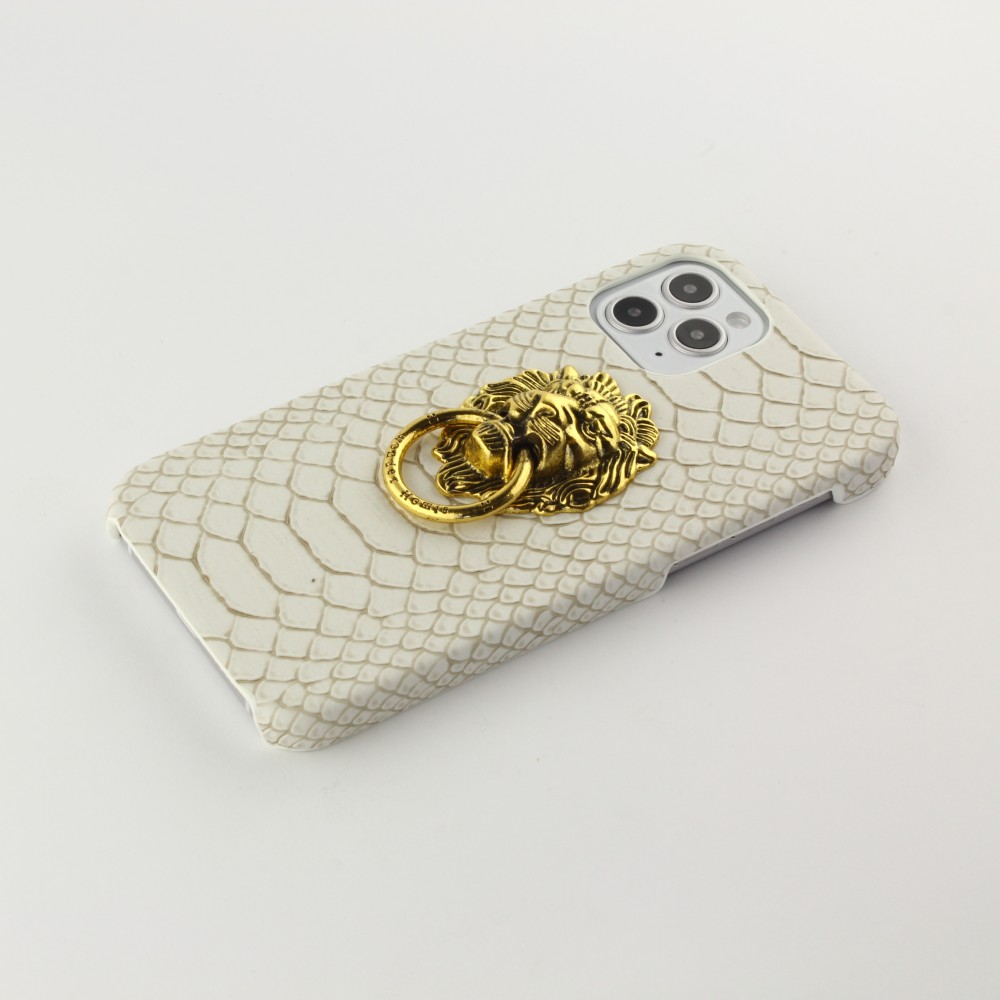 Coque iPhone 12 / 12 Pro - Peau de serpent avec tête de lion dorée - Blanc