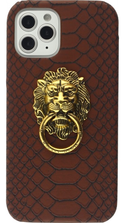 Coque iPhone 12 / 12 Pro - Peau de serpent avec tête de lion dorée - Brun