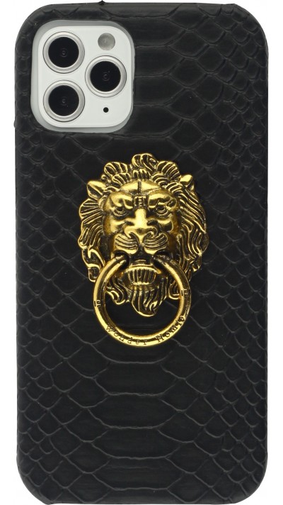 Coque iPhone 12 / 12 Pro - Peau de serpent avec tête de lion dorée - Noir