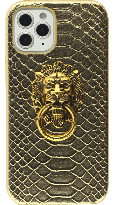 Coque iPhone 12 / 12 Pro - Peau de serpent avec tête de lion d- Orée - Or