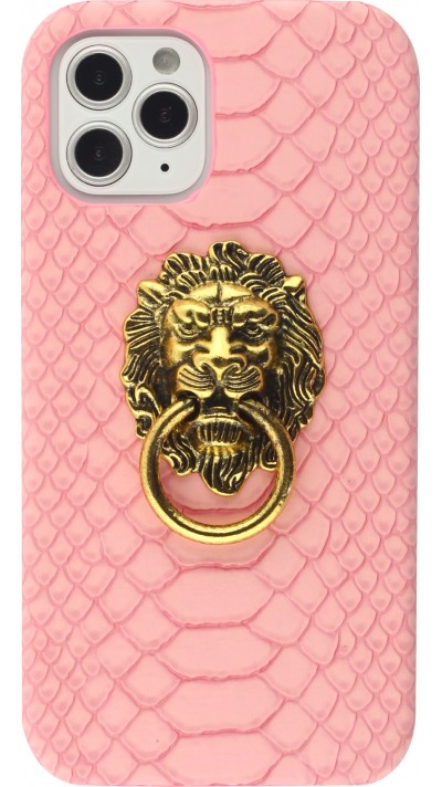 Coque iPhone 12 / 12 Pro - Peau de serpent avec tête de lion dorée - Rose