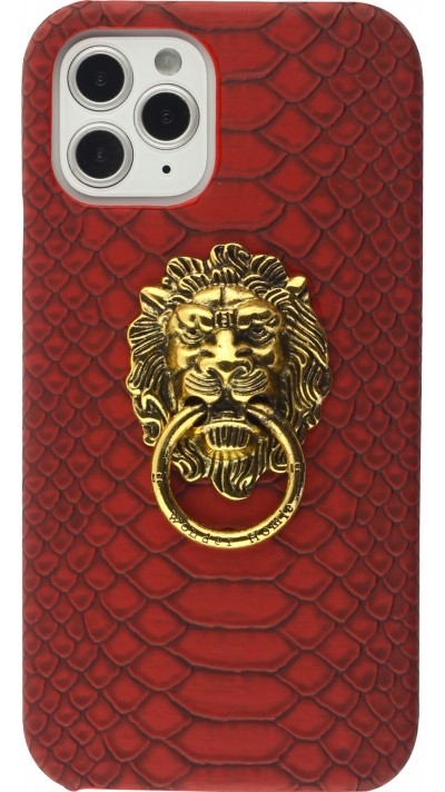 Coque iPhone 12 / 12 Pro - Peau de serpent avec tête de lion dorée - Rouge