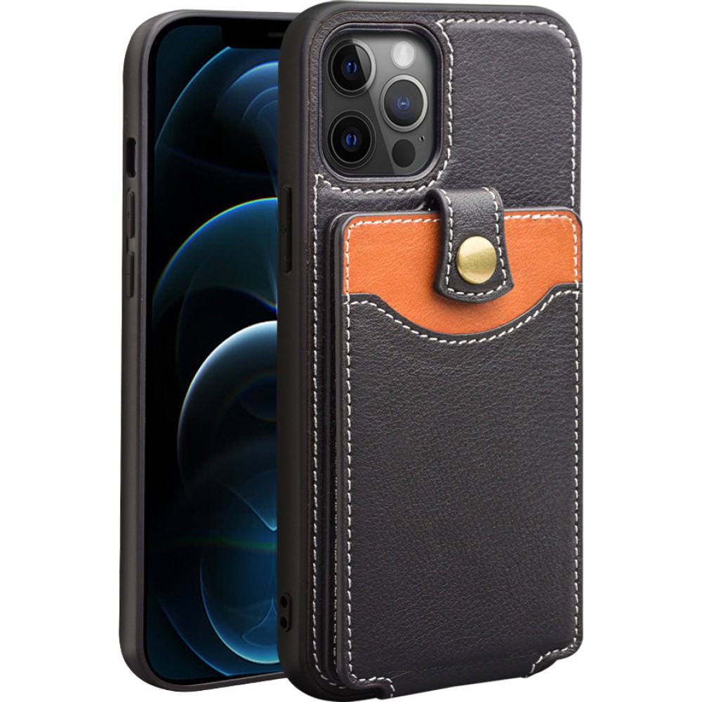 Coque iPhone 12 / 12 Pro - Qialino Wallet porte-cartes cuir véritable - Noir