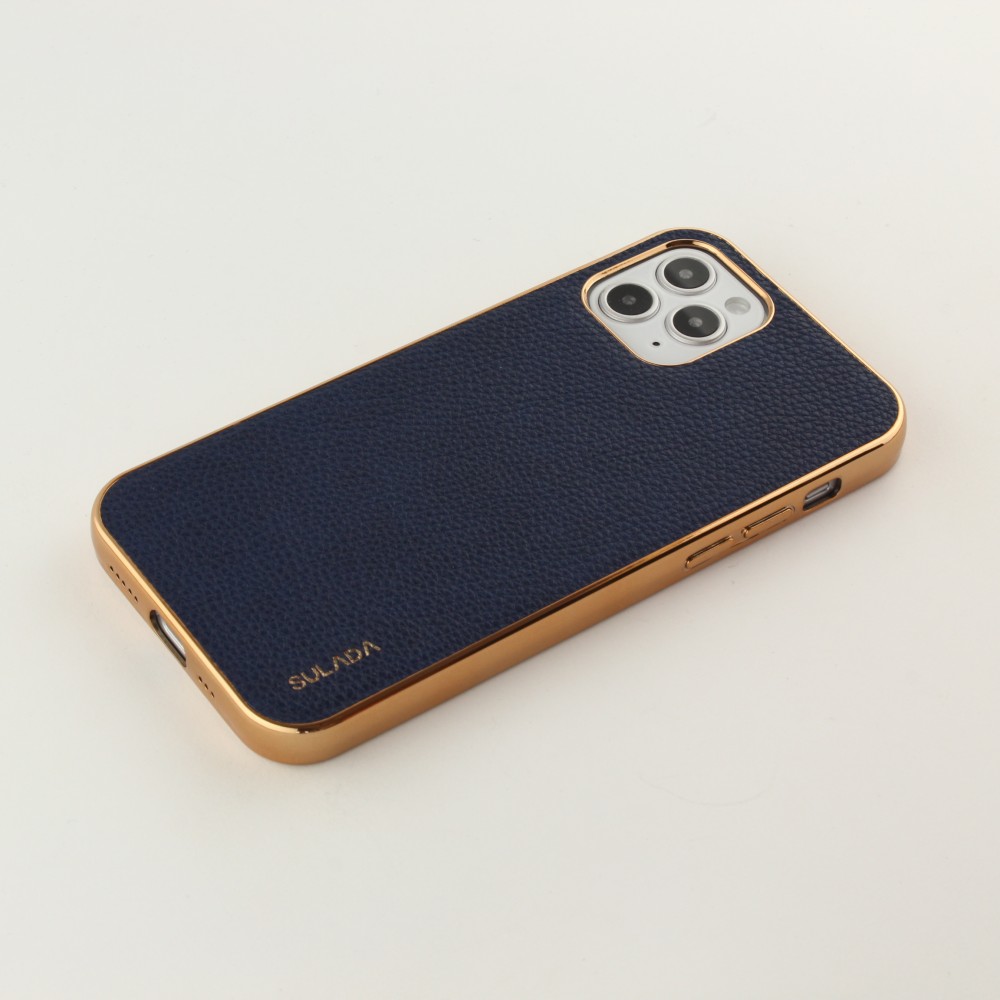 Coque iPhone 12 / 12 Pro - SULADA Gel Bronze et cuir véritable - Bleu