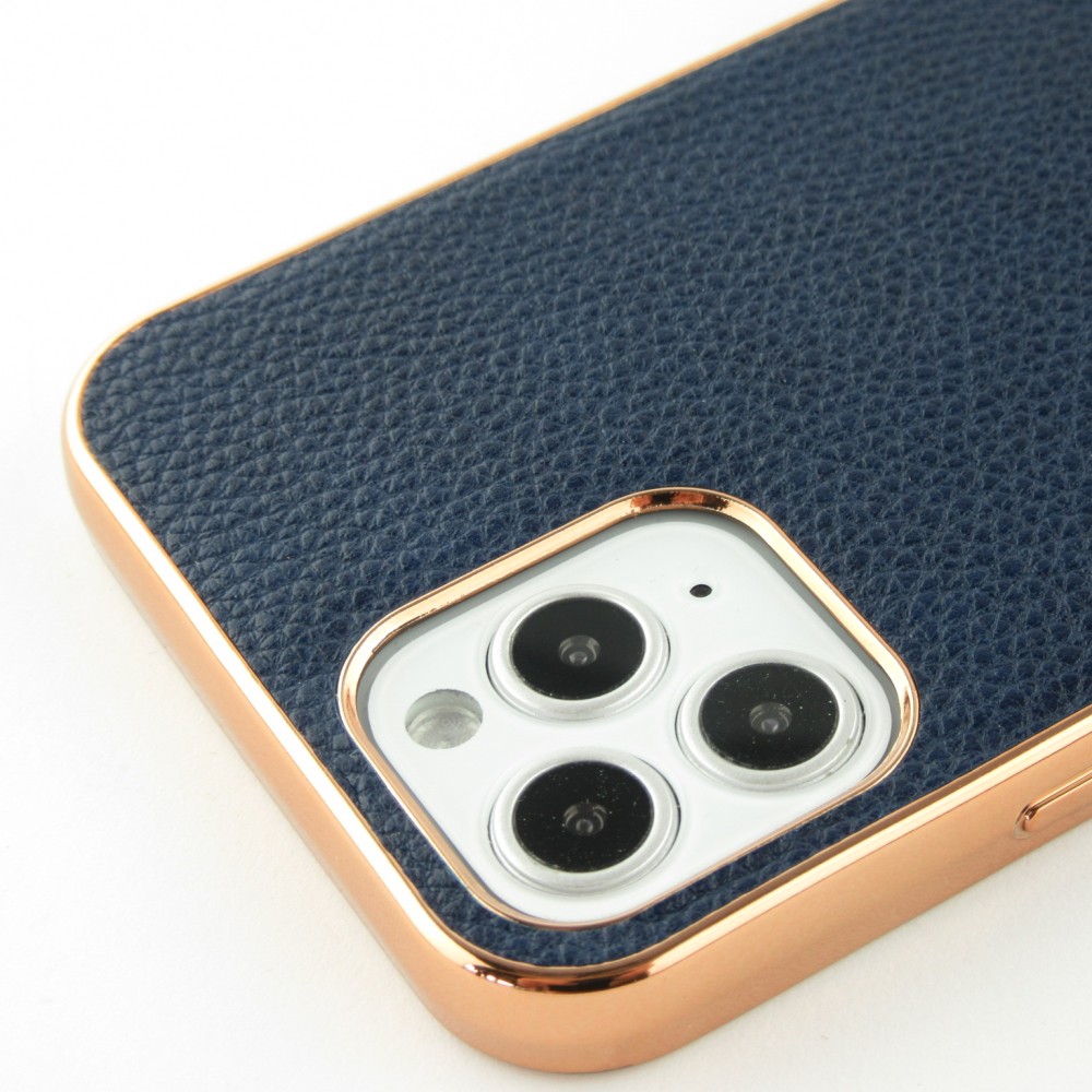 Coque iPhone 12 / 12 Pro - SULADA Gel Bronze et cuir véritable - Bleu