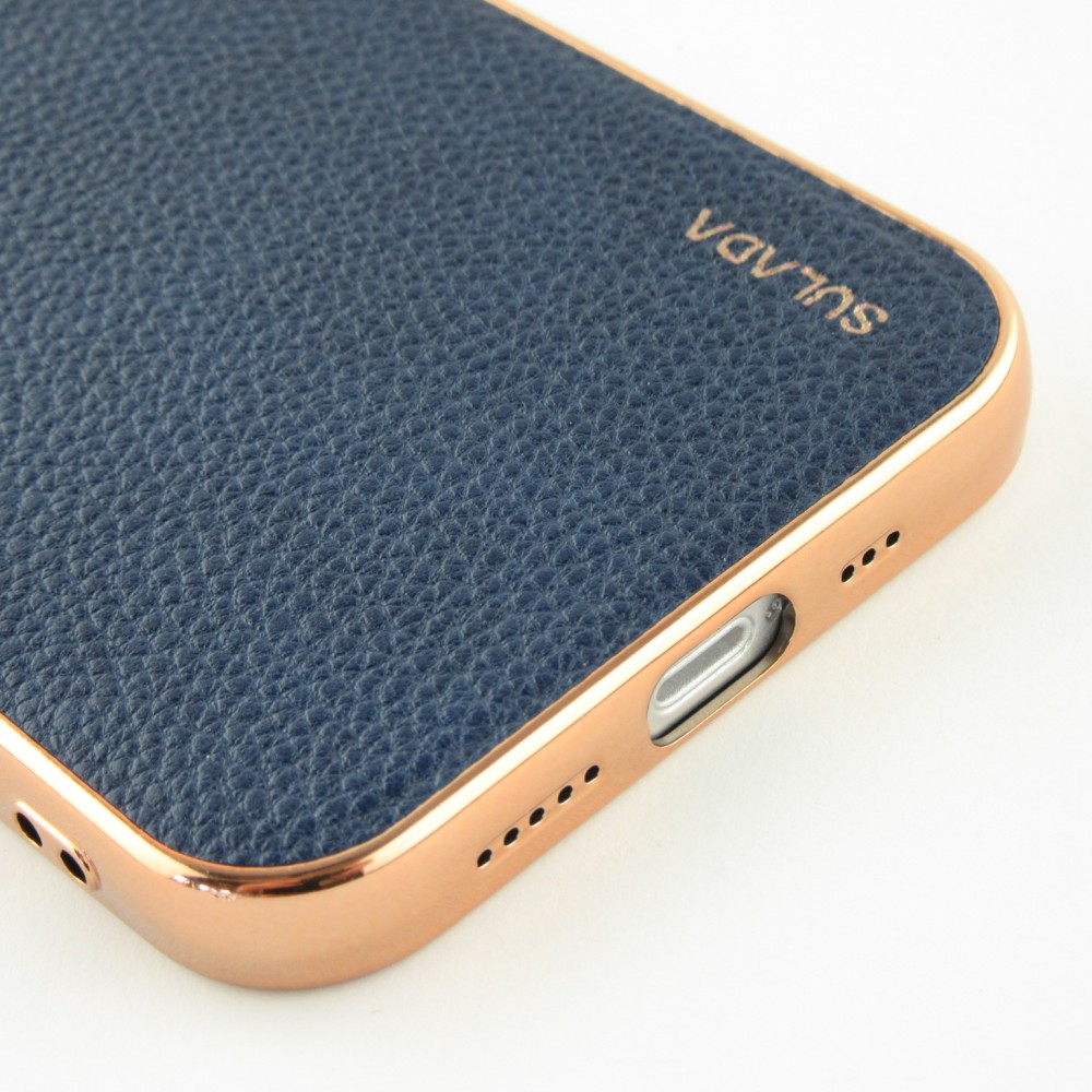 Coque iPhone 12 / 12 Pro - SULADA Gel Bronze et cuir véritable - Bleu