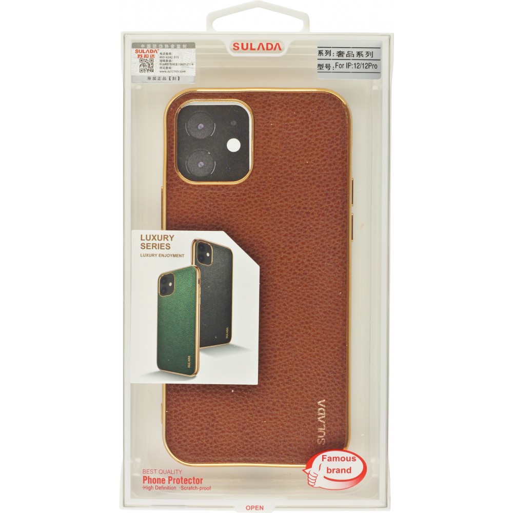 Coque iPhone 12 / 12 Pro - SULADA Gel Bronze et cuir véritable - Brun