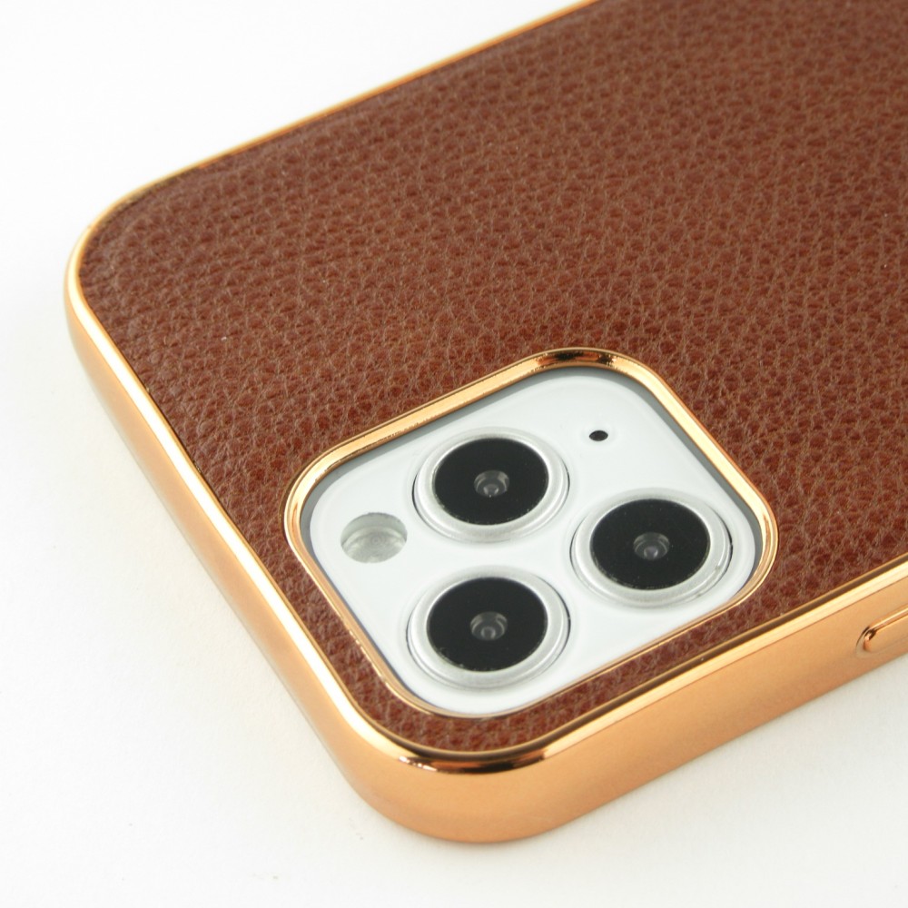 Coque iPhone 12 / 12 Pro - SULADA Gel Bronze et cuir véritable - Brun