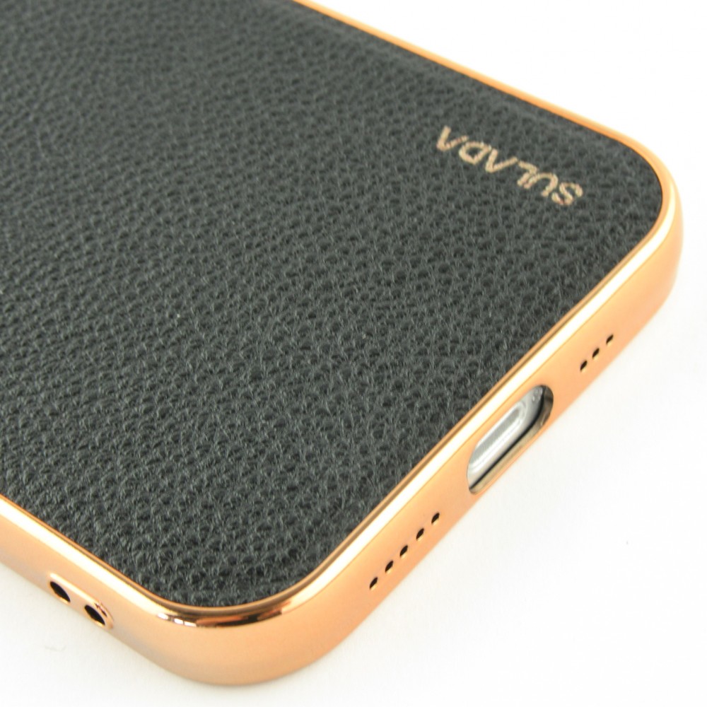 Coque iPhone 12 / 12 Pro - SULADA Gel Bronze et cuir véritable - Noir