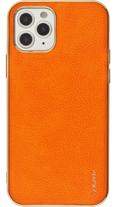 Coque iPhone 12 / 12 Pro - SULADA Gel Bronze et cuir véritable - Orange