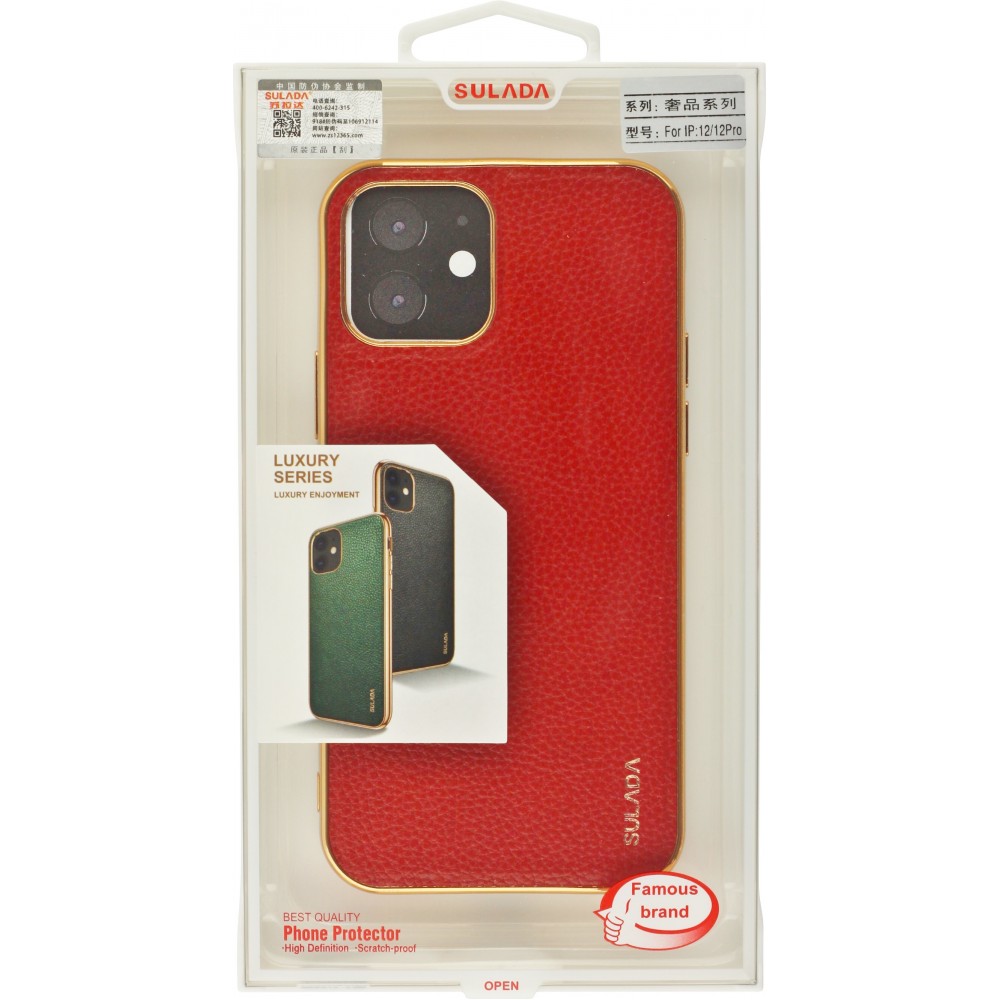 Hülle iPhone 12 / 12 Pro - SULADA Gummi Bronze und echtes Leder - Rot