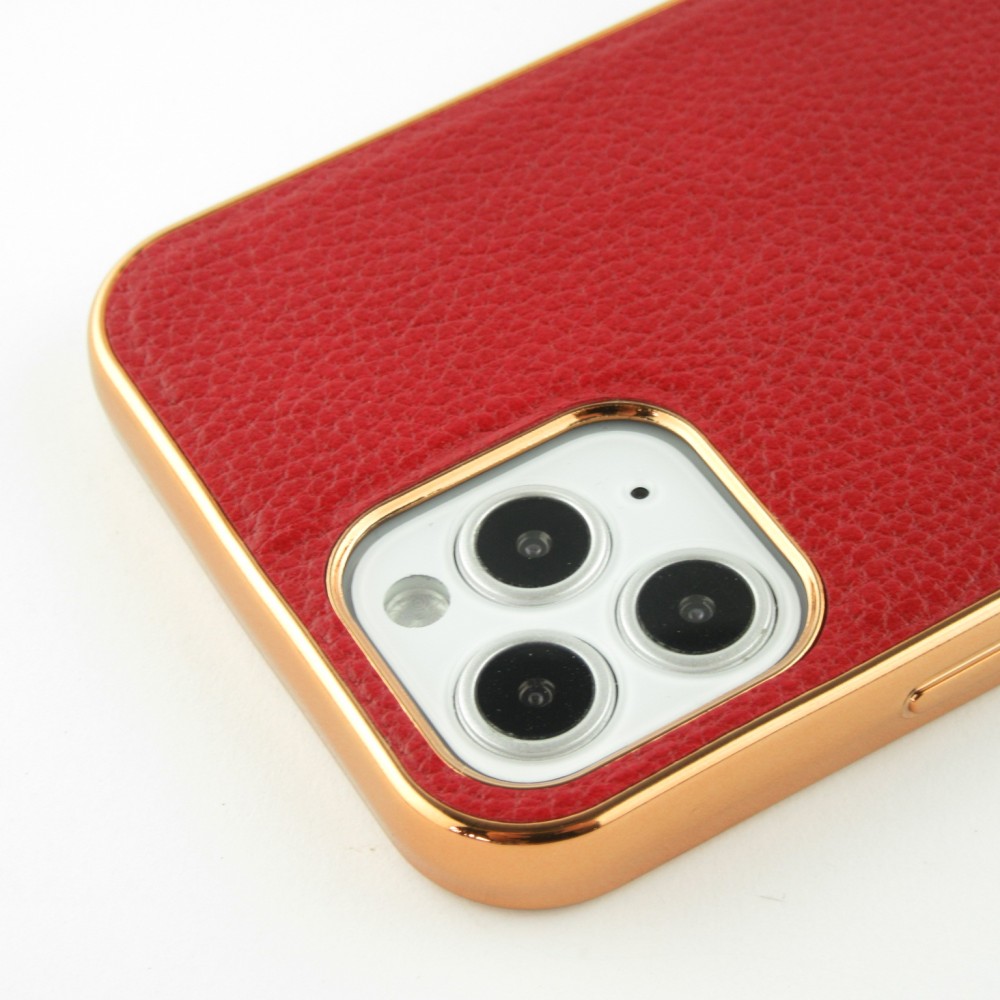 Coque iPhone 12 / 12 Pro - SULADA Gel Bronze et cuir véritable - Rouge