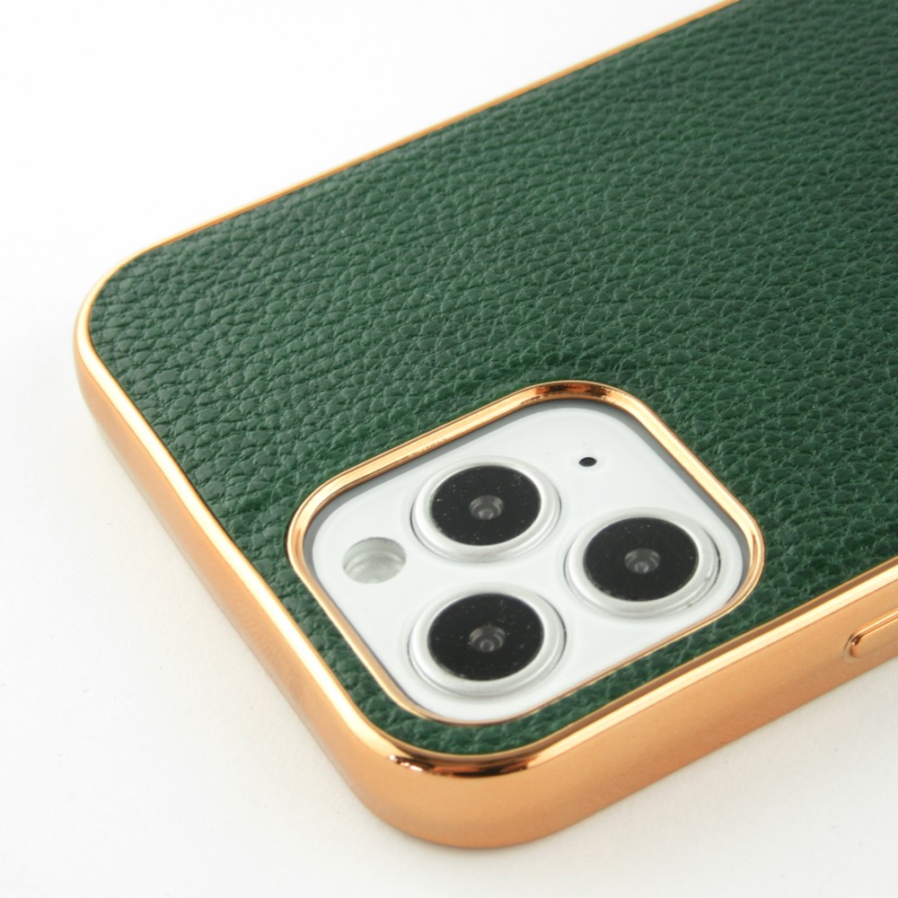 Coque iPhone 12 / 12 Pro - SULADA Gel Bronze et cuir véritable - Vert
