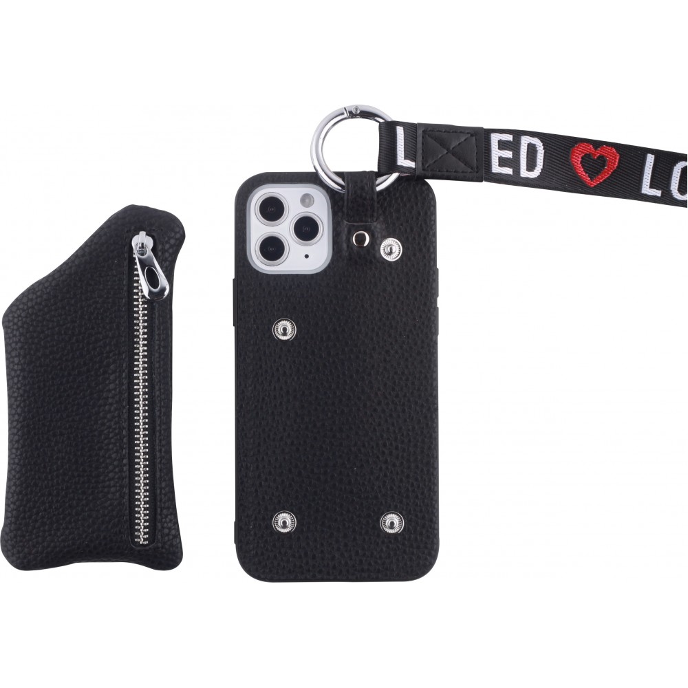 Coque iPhone 12 - Wallet Poche avec cordon  - Noir