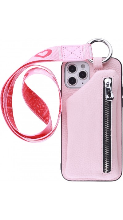 Coque iPhone 12 Pro Max - Wallet Poche avec cordon  - Rose