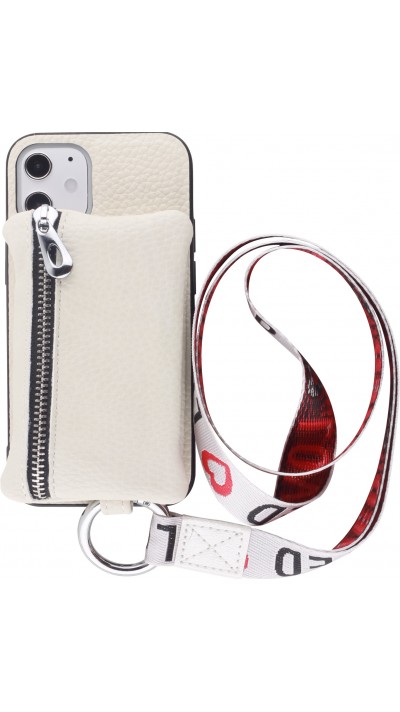 Coque iPhone 12 mini - Wallet Poche avec cordon - Blanc