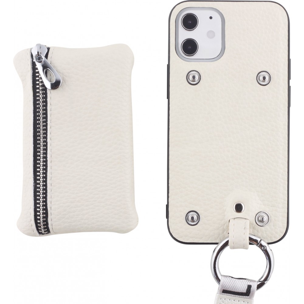 Coque iPhone 12 mini - Wallet Poche avec cordon - Blanc