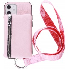 Coque iPhone 12 mini - Wallet Poche avec cordon - Rose