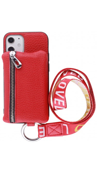 Coque iPhone 12 mini - Wallet Poche avec cordon  - Rouge