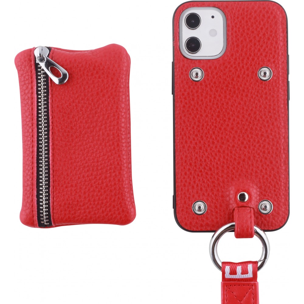 Coque iPhone 12 mini - Wallet Poche avec cordon  - Rouge