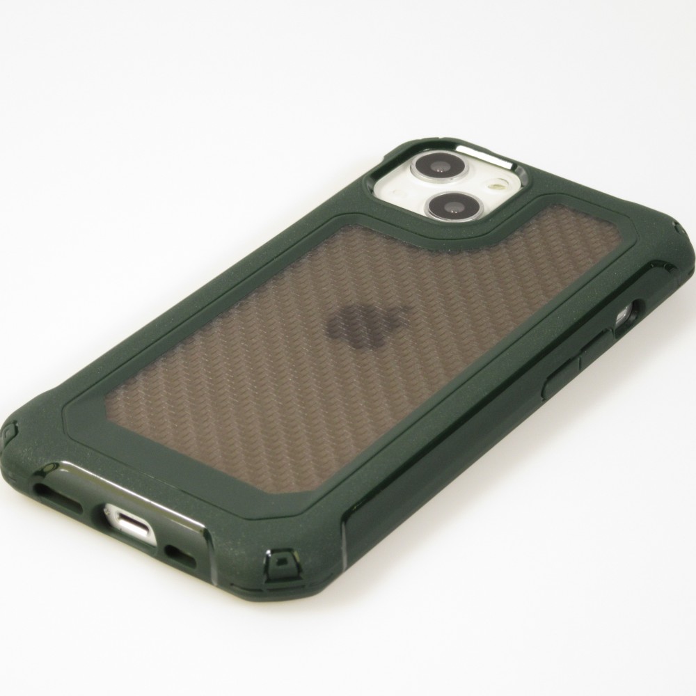 iPhone 13 Case Hülle - Military Elite kompakt Cover mit semi-transparentem Carbon Rücken - Dunkelgrün