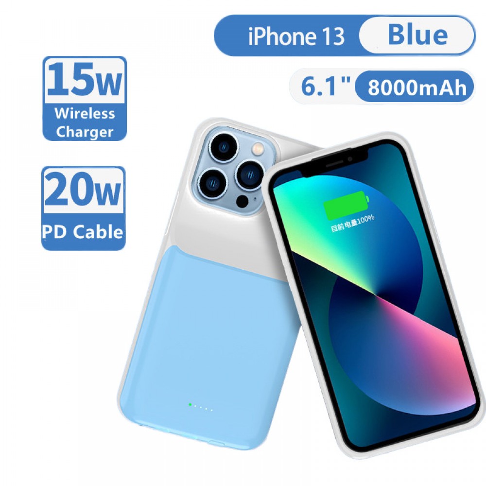 iPhone 13 Pro Case Hülle - 15W wireless Power Externe Batterie charging Cover Fast Charge 8000mAh - Blau