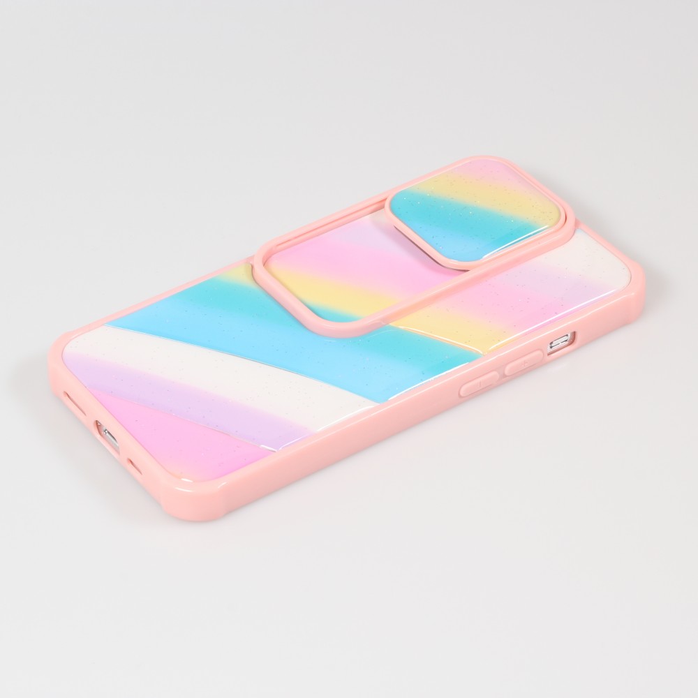 Coque iPhone 13 Pro Max - Caméra clapet vertical arc-en-ciel - Rose - Bleu