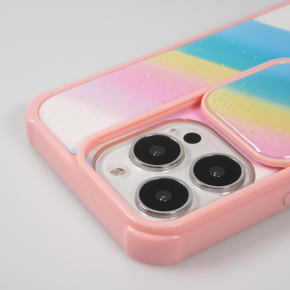 Coque iPhone 13 Pro - Caméra clapet vertical arc-en-ciel - Rose - Bleu