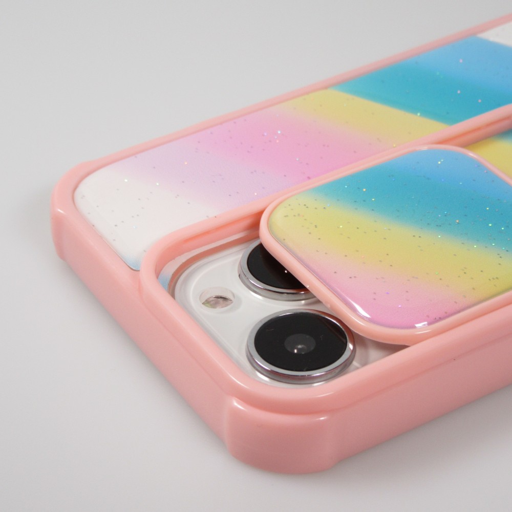 Coque iPhone 13 Pro - Caméra clapet vertical arc-en-ciel - Rose - Bleu