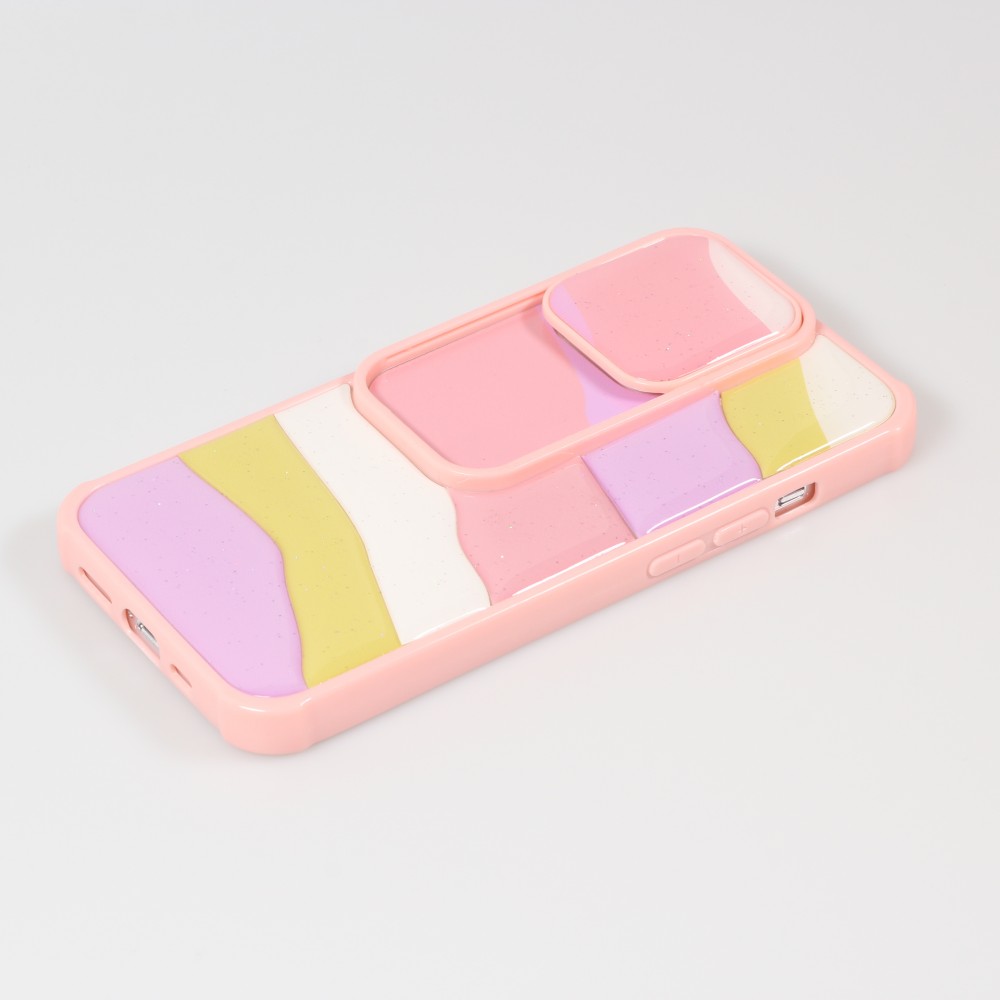 Coque iPhone 13 Pro Max - Caméra clapet vertical arc-en-ciel - Rose