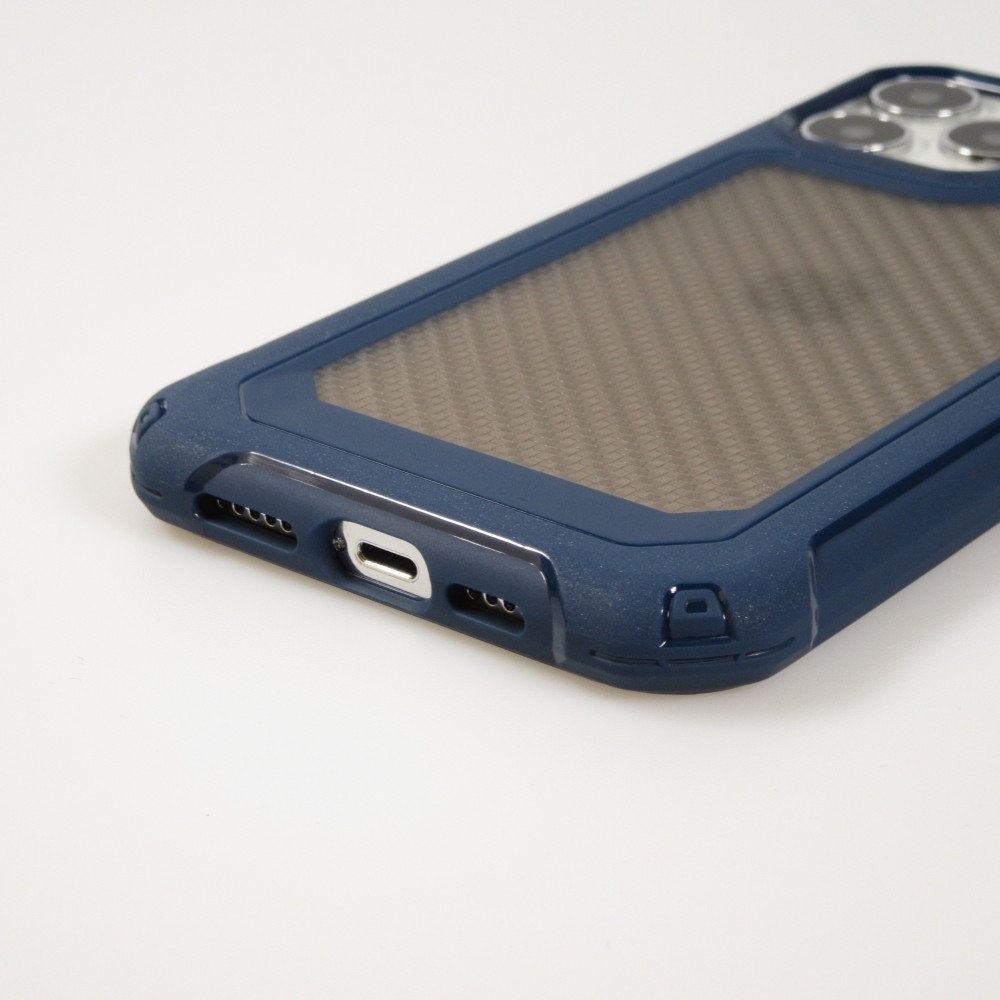 Coque iPhone 13 Pro Max - Cover Military Élite avec dos en carbone semi-transparent - Bleu foncé