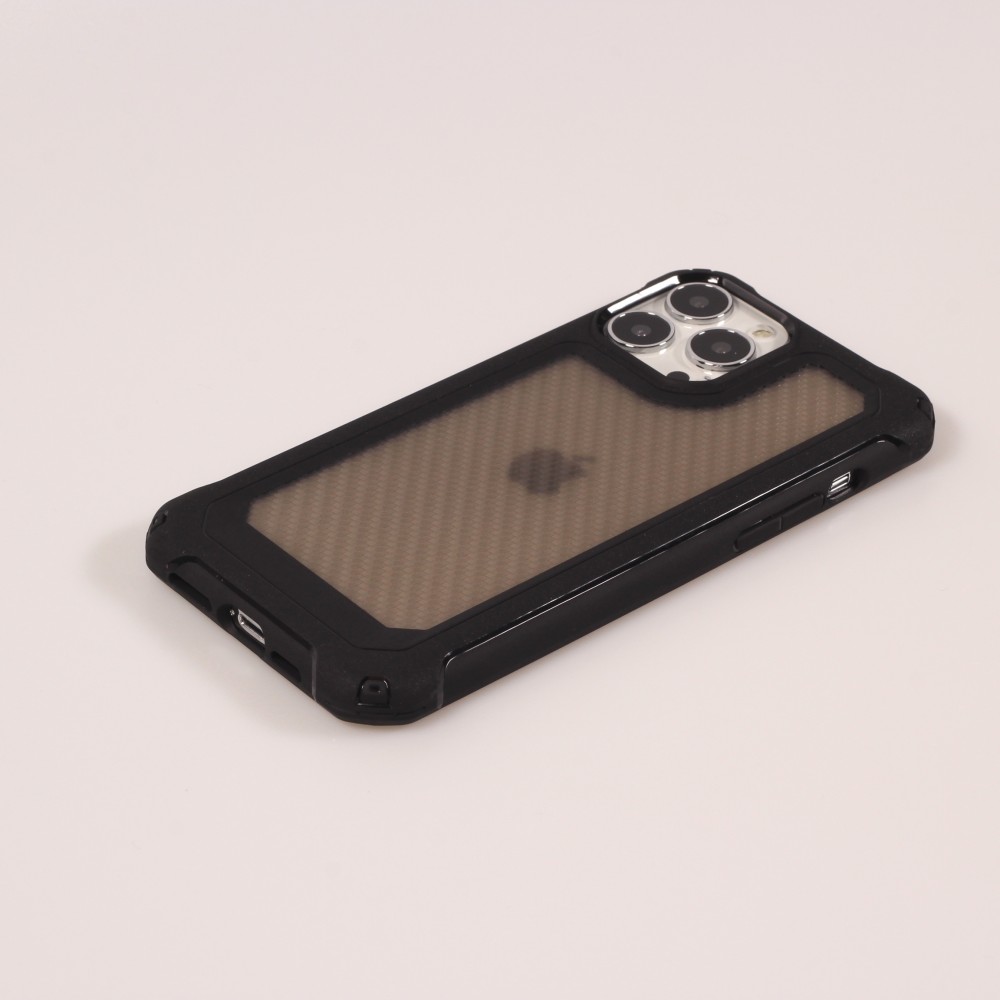 Coque iPhone 13 Pro Max - Cover Military Élite avec dos en carbone semi-transparent - Noir