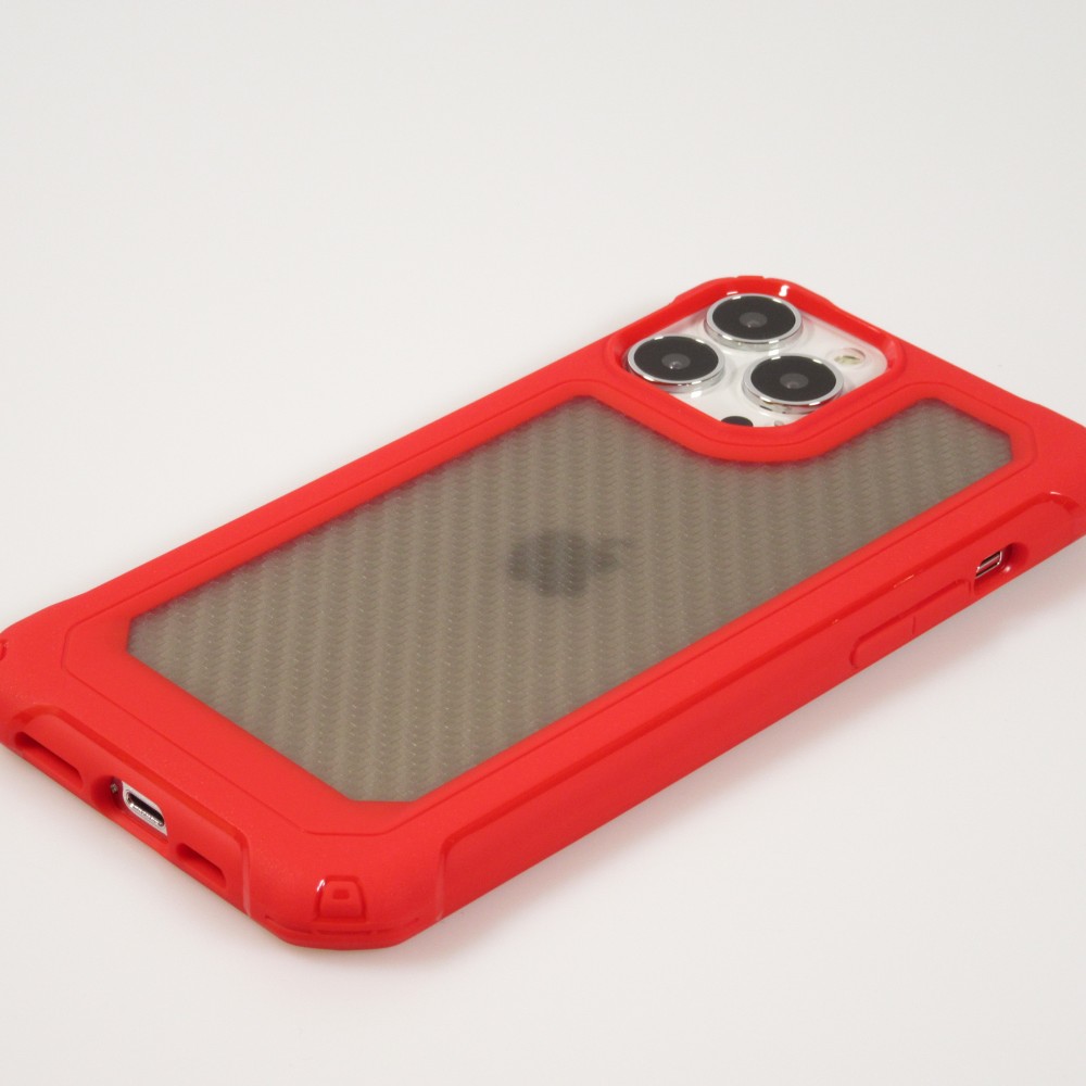 Coque iPhone 13 Pro Max - Cover Military Élite avec dos en carbone semi-transparent - Rouge