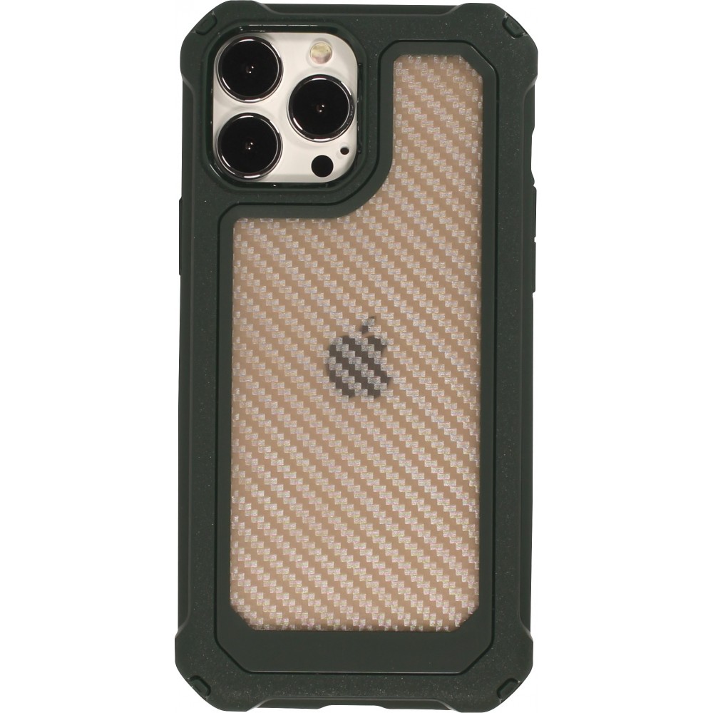 Coque iPhone 13 Pro - Cover Military Élite avec dos en carbone semi-transparent - Vert foncé