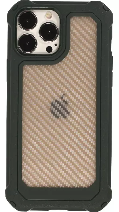 Coque iPhone 13 Pro - Cover Military Élite avec dos en carbone semi-transparent - Vert foncé